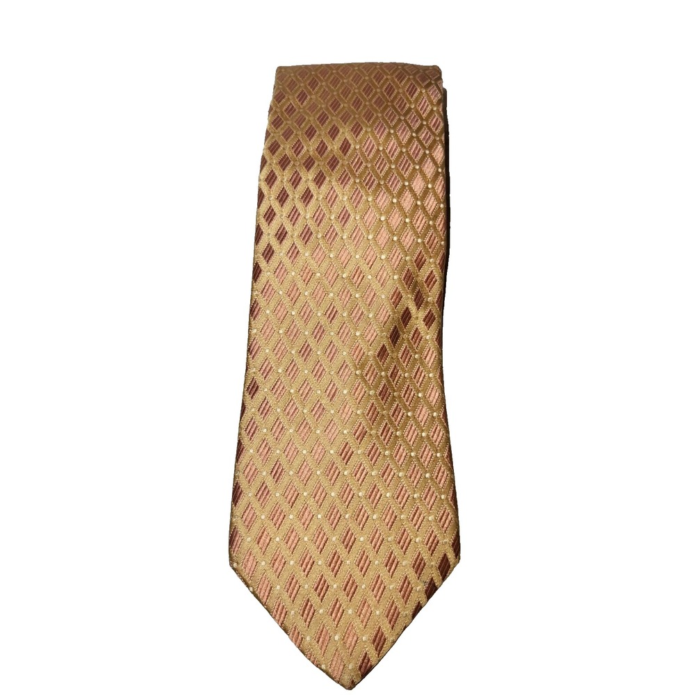 Ike Behar New York Salmon & Gold Diamond Print Textured Pointed Silk Tie USA